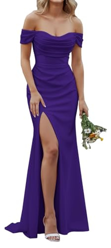 KURFACE Dam Off Shoulder Satin balklänningar med slits ärmlös sjöjungfru balklänning kväll formell klänning, Lila, 48 SE/Plus
