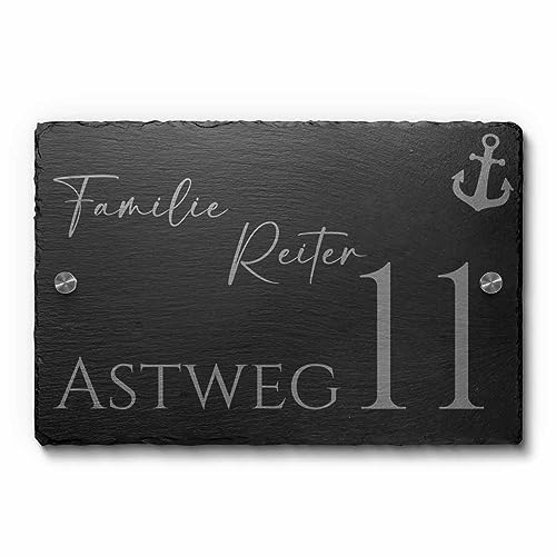 Personalisierte Schiefer Hausnummer - Hausnummernschild mit Gravur - wetterfest imprägniertes Haustürschild aus Naturstein - Straßenschild für Außenbereich