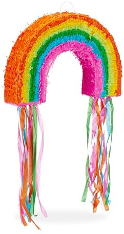Relaxdays 3 TLG. Pinata Set Regenbogen, Pinatastab mit Augenmaske, für Kinder, Stock & Augenbinde, selbst befüllen, Piñata, bunt