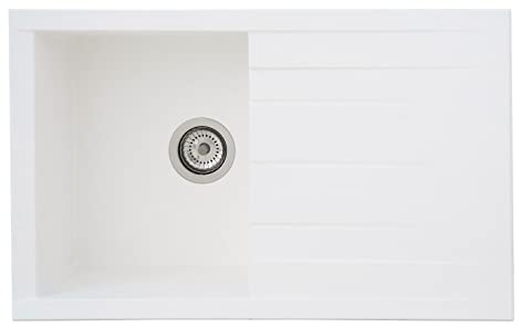 Respekta Lavello in Mineralite bianco/Lavello da incasso a 1 vasca da 80 x 50 cm/Lavello adatto a basi da 50 cm di larghezza