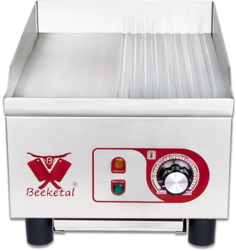 Beeketal Elektro Gastro Grillplatte BHGP-5 – 1800 Watt, Kompakte A3 Carbonstahl Kombifläche 1/2 Glatt 1/2 Gerillt (270 x 320 mm), Edelstahlgehäuse, Thermostat 50–300°C, Fettauffangbehälter