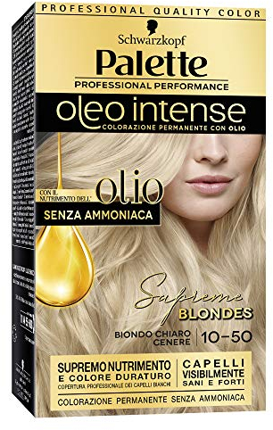 Schwarzkopf, Palette Oleo Intense, Colorazione Permanente con Olio, Tinta per Capelli, Crema Colorante Senza Ammoniaca, Copertura dei Capelli Bianchi, Tonalità 10-50 Biondo Cenere