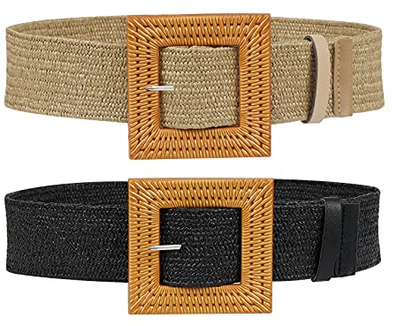 SUOSDEY 2 Stück Stroh gewebter elastischer Stretch-Taillengürtel für Frauen Sommer Boho Wide Waist Dress Band Geflochtene Gürtel, Khaki + schwarz, 100cm