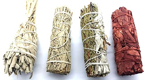 CRIGEMA - Räucherstäbchen-Set 4x Weißer Salbei, blauer Salbei und Weißer Salbei und Ginepro, Drachensalbei - 100g - Reinigungssalbei - Erstklassige Qualität aus Kalifornien