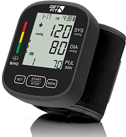 Get Fit Wrist Blood Pressure Monitor CE Approved for Home Use - Medical Blood Pressure Machine Reader - Dual Users with Memory - Sphygmomanometer Adjustable Wrist Cuff LCD Display Heart Rate Monitor