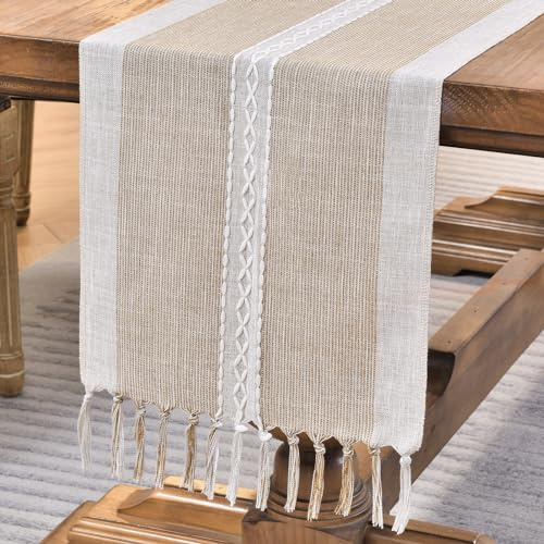 Wracra Camino de Mesa Algodón Lino, Camino de Mesa Café Lavable | 33×180 cm, diseño sencillo bordado, rústico moderno, resistente al calor, grueso y resistente, comedor, decoración del hogar