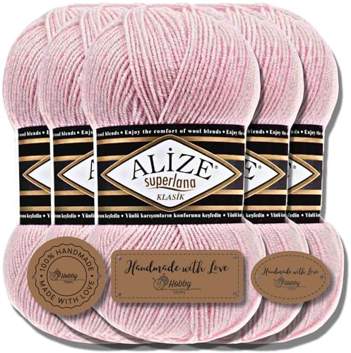 Hobby YARN 3x Etikettenlabel mit Alize Superlana Klasik Wolle Premium 5x100g als Set, Yarn, Garn, Strickgarn, Einfarbig, Baby, zum Häkeln, Stricken, Kleidung, Schals (Powder - 161)