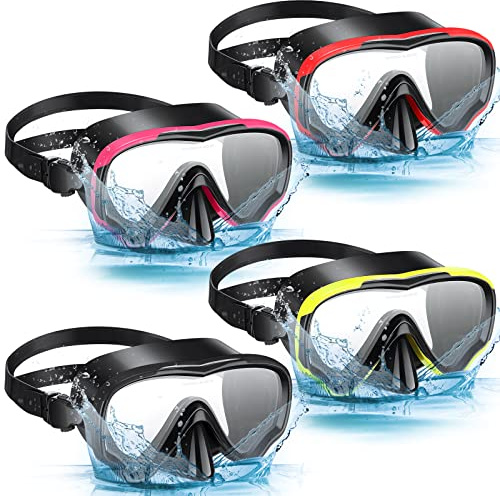 4 Pcs Snorkeling Goggles for Adults Scuba Diving Mask Anti Fog Dive Mask Snorkeling Gear for Men Women Panoramic Swimming Goggles with Nose Cover for Diving, Swimming (Black, Yellow, Red, Rose Red)