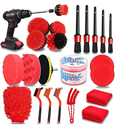 TMPTY Auto-Staubbürsten-Set, Auto-Staubtuch-Bohrbürste, Detaillierungsbürste, Schwamm, Handtuch, Auto-Staubtuch, Innen- und Außen-Staubwerkzeuge for die Automobilindustrie (Farbe : 24 pcs)