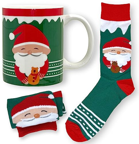MIJOMA Tassen-Socken-Geschenkset – 300ml Keramiktasse & Kuschelsocken im Weihnachtsdesign – Geschenkidee für Damen, Herren & Fans gemütlicher Wintermomente (Weihnachtswichtel)