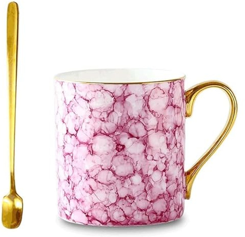 Taza Taza de café con diseño de mármol, taza creativa de cerámica pintada en oro, tazas de té reutilizables de 350ML for café, zumo de leche Cámping (Color : Pink)