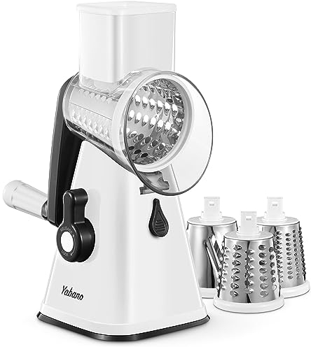 Yabano Rotary Cheese Grater, Vegetable Slicer with 3 Replaceable Stainless Steel Drum Blades, Cheese Shredder with Handle, Easy to Clean Grater for Fruit, Vegetables, Nuts, White