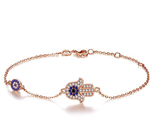 TONGZHE Hamsa Hand Evil Eye Bracelet 925 Sterling Silver Cubic Zirconia Link Chain 7 Adjustable for Women Girls(Rose Gold)