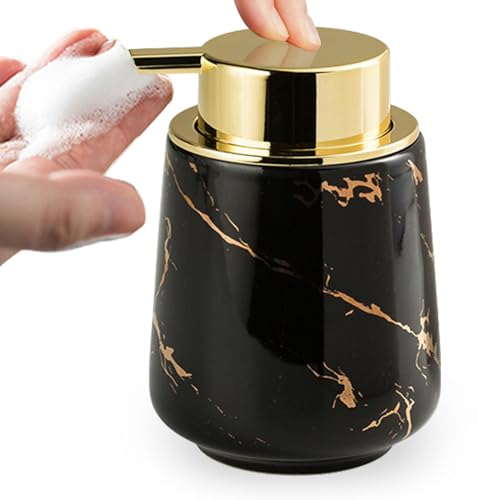 Niboow Céramique Mousse Distributeur de Savon, 380ML Motif Marbre avec Grande Tête de Pompe Distributeur de Salle de Bain, Rechargeable Shampoing, Lotion, Distributeur de Savon à Main, Noir