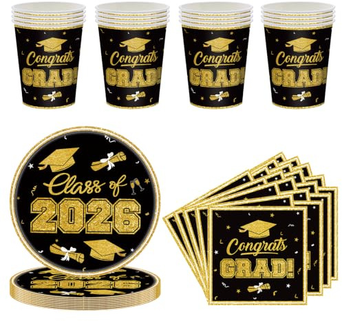 52Pcs Black Gold Graduation Tableware Kit for 16 Guest,2026 Graduate Paper Tableware 16Pcs Plates,16Pcs Paper Cups and 20p Napkin in Gold,Graduation Dinnerware Set for Grad Party Decor Supplies