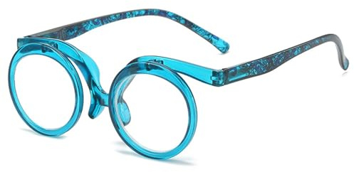 Lanomi klappbare Rund Lesebrille Damen Herren Kunststoff Oval Lesehilfe Makeup Sehhilfe HD Linse 90 Grad Flip Up Brille Transparent Blau 2.0