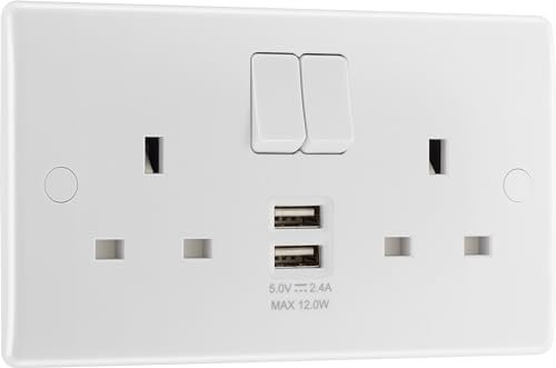 BG Electrical 12W Double Switched Power Wall Plug Socket with Two Type A USB Charging Ports, Round Edge, Nexus 800 Series, White Moulded, 13A, 822UAA12
