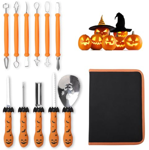 Orchideeknc Halloween Kürbis Schnitzset, 11-Teiliges Professionelles Kürbis Schnitzwerkzeug aus Edelstahl, mit Aufbewahrungstasche
