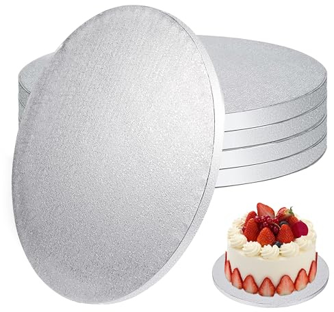 Cake Board Tortenunterlage Cakeboard Rund 12mm x Ø 30cm - 5er Cake Drum Tortenplatte, Wiederverwendbar Torten Unterplatten für Transport Kuchen und Torten (Silber)