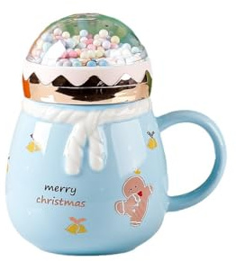 VollfitYYu Keramik Weihnachtstasse süße Weihnachten Kaffeebecher Kaffeetasse 400ml Weihnachtsbecher mit Deckel Kreative Frühstückstasse Geschenk für Mama Kinder Mädchen (Hell-Blau)