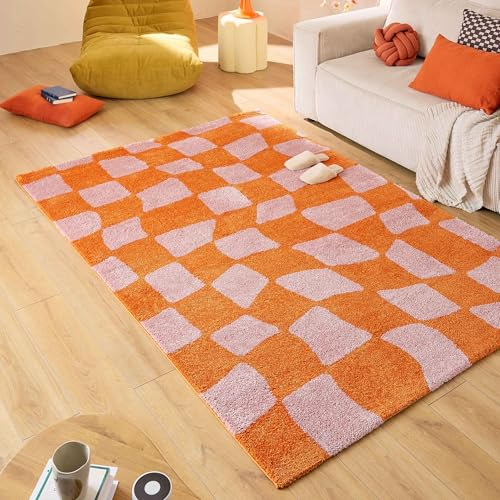 Nazar Teppich Groovy, bunt, Vintage, Retro, geometrisch, Orange, Gelb, Rosa, Rot, flauschig und bequem, Wohnzimmerteppich (383 orange, 80x140 cm)