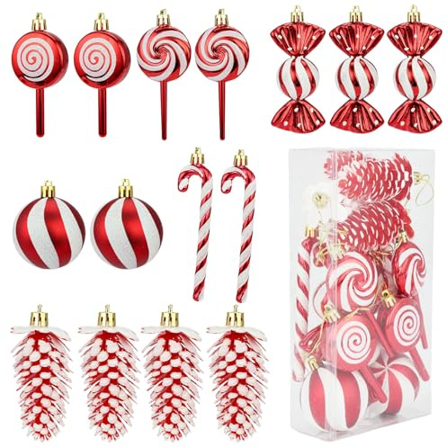 15 Stück Weihnachtsbaum Schmuck Rot, Zuckerstangen Weihnachtsbaum, Glitzer Christbaumschmuck, Weihnachtsbaumanhänger Plastik, Zuckerstange, Bonbon, Kugel, Tannenzapfen für Weihnachtsbaumdeko