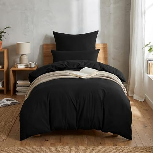 RUIKASI Bettwäsche 140x200 2teilig Schwarz - Polyester Mikrofaser Bettwäsche-Sets Oeko-TEX, Bettbezüge 140 x 200cm + Kissenbezüge 80x80cm mit Reißverschluss, Weich und Bügelfrei