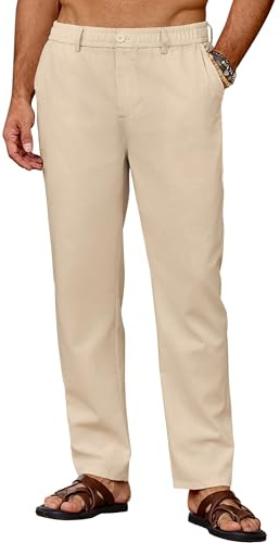 COOFANDY Pantaloni Lino Uomo Estate Pantaloni Leggeri Traspiranti Casual da Spiaggia Vacanza Calzoni Larghi con Elastico Coulisse Cachi Chiaro 3XL