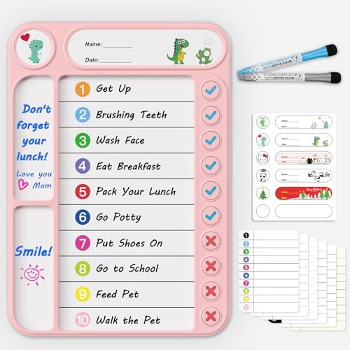 Magnetic Chore Chart for Kids, ADHD Task Tracker Easy-Check Routine Dry Erase Board, to-Do List Planning Tool with Stand for Fridge/Desk/Home/School, 6 Reusable Sheets, 2 Markers-Pink