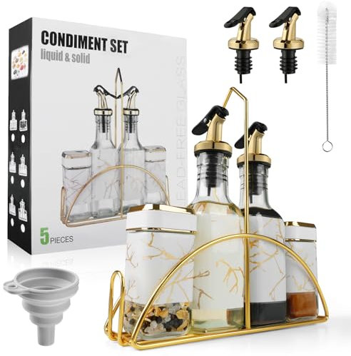 SXTIHD 2 bottiglie da 200 ml per olio e aceto*2 e 2 contenitori per spezie da 120 ml*, 5 in 1, dispenser per pepe con imbuto e spazzola rigida (pellicola di plastica)
