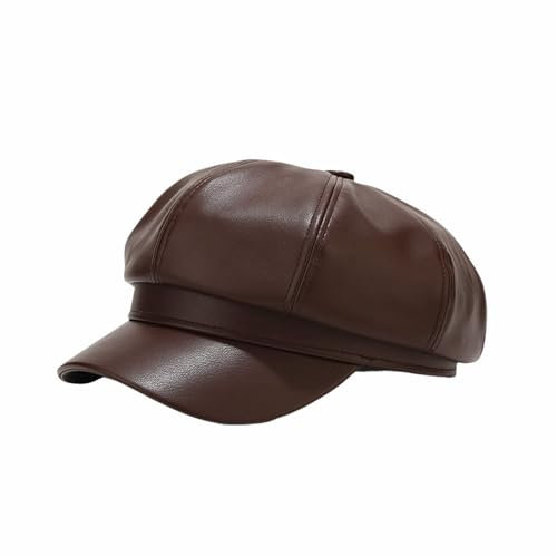 Heavyoff Damen Ballonmütze PU Leder Schirmmütze Vintage Style, Bakerboy Schiebermütze, Newsboy Cap, Braun