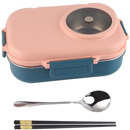 Yosoo Health Gear Bentos Lunch Box, 1100ml Thermal Lunch Box Double Layer 3 Grid Stainless Steel Food Storage Container with Chopsticks Spoon Soup Bowl (Pink)