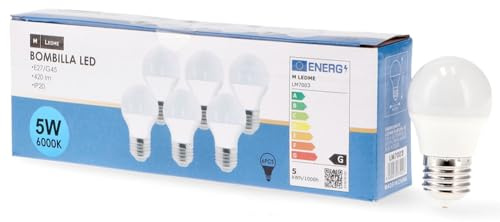 M Ledme - Pack de 6, Ampoule LED E27 G45 5W, Lumière froide (6000k), Culot E27, 450 Lumen, IP20, Ouverture du faisceau lumineux 200°, Efficacité énergétique et Faible consommation. LM7602