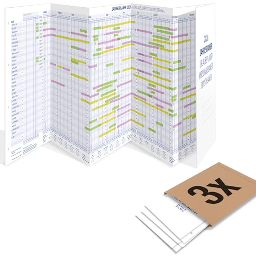 3er Pack: Yohmoe Mitarbeiter Urlaubsplaner 2026 faltbar, gefalzt Format 975x297 mm, großer Personalplaner Wandkalender für Urlaubsplanung, Dienstplaner Kalender über 14 Monate, Urlaubskalender