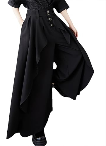 ellazhu Women's Pants Wide Leg Pocket High Waist Button Pocket Asymmetrical Irregular Hem GZ468 Black