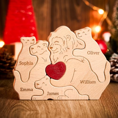 VEELU Personalisiertes Holzkunstpuzzle der Hundfamilie mit 2-8 Namen| Holz Bär Skulpturen Desktop Ornament Home Tischdekoration, Geschenk für Familie, Muttervatertag Geburtstag