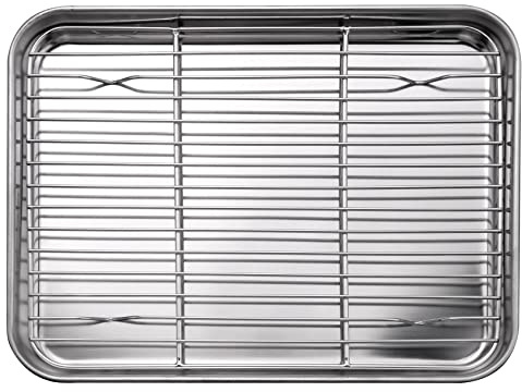 Lonrtesw 10 Pouces Plateau de Four Grille-Pain et Ensemble de Rack, Acier Inoxydable la Poêle à Frire avec Support de Refroidissement, Lave-Vaisselle Plaque de Cuisson Sûre