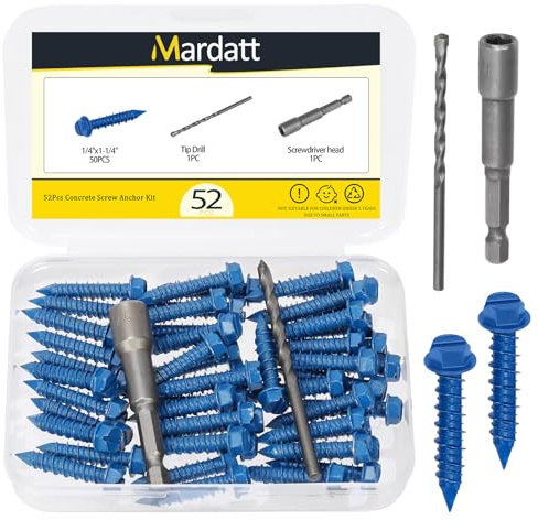 Mardatt 52Pcs 1/4 x 1-1/4 Concrete Screws, Slotted Hex Washer Head Concrete Screws Anchor with Drill Bit and Hex Bit Socket, Self Tapping Masonry for Anchoring to Masonry Block Brick Stucco