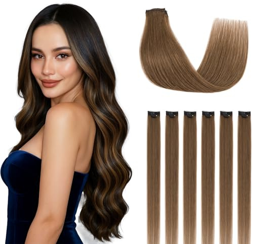 SEGOHAIR Clip in Extensions Echthaar, 6 Stücke Single Clip Highlights Hair Extension Glatt Haarverlängerung Natürlich für Frauen Damen Mittelbraun#04,25cm 31g