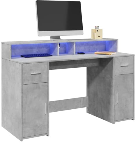 Qnhdfrt LED Schreibtisch mit RGB-Beleuchtung Betongrau 140x55x91 cm Holzwerkstoff Stauraum für Büro Gaming und Jugendzimmer Robust und Langlebig