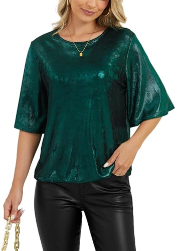YUTILA Damen Glitzer Bluse – Pailletten Oberteil mit Rundhals, Lockeres Party Top für Abend, Festlich & Freizeit
