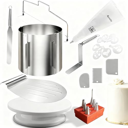 4smile 24 Teile Torten-Zubehör-Set mit Tortenring verstellbar hoch 20 cm + Tortenschneider, Tortenheber, Tortenplatte drehbar, Streichpalette, Winkelpalette, Spritzbeutel mit Tüllen, Tortenschablone