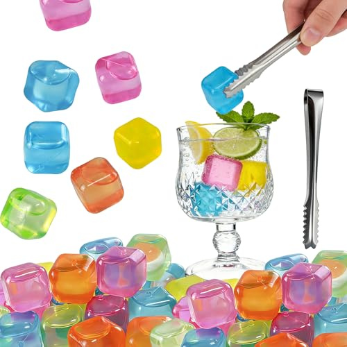 bllbiwin 60 Pcs Reusable Ice Cubes,Multicolor Square Plastic Ice Cubes Without Diluting BPA Free,Refreezable Washable Non-Melting for Drinks,Coffee,Whiskey,Cocktails,Wine,Contains Purified Water
