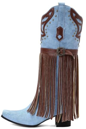 Qynthra Bottes Western Cowboy à Franges Daim Accents en Cuir Détails Cloutés Talon Large Style Rétro Genou pour Tenues Mode Soirées Concerts Quotidien,Bleu,38 EU