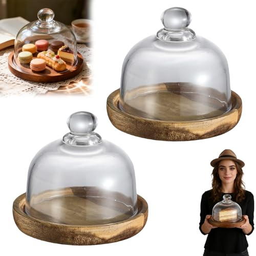 Charcuterie Snow Globe Container, Mini Cake Stand with Glass Dome, Wood and Glass Display, Creative Table Decor for Charcuterie, Appetizers, Mini Cakes, Holiday Tables & Parties (Natural wood,2PCS)