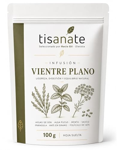 Infusión Vientre Plano 100 g | Sen, Frángula, Menta y Saúco | Tisanate | Hoja Suelta | Mezcla de 7 Plantas | Sabor Herbal y Aromático | Más de 40 Tazas