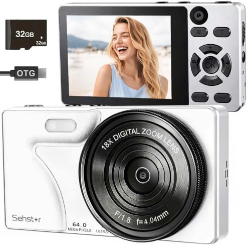 Appareil Photo 4K 64MP Compact avec Carte SD 32 Go, écran IPS 2,8, Zoom Numérique 18x, Autofocus, Batterie 2000 mAh, Transfert USB, Cadeau pour Les Enfants, Les Adolescents et Les débutants (Blanc)