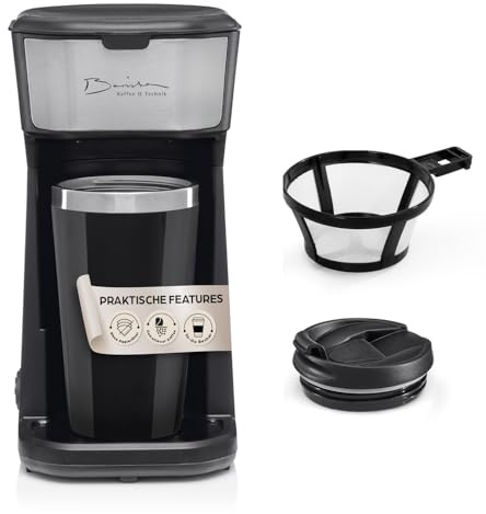 Cafetera individual Barista para llevar 450 W, compacta cafetera de filtro con taza térmica, pequeña y portátil, incluye vaso térmico y filtro permanente de nailon, color negro y plateado