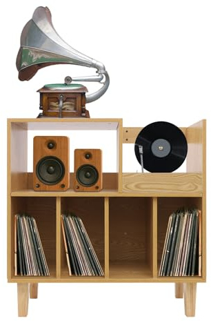 Supporto per giradischi, scaffale vintage in legno, scaffale per dischi in vinile, con 6 scomparti, portata 45 kg, mobile musicale per soggiorno, sala musica, effetto legno