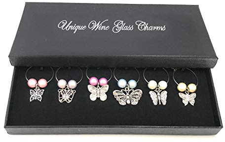 Libby's Market Place, set di 6 ciondoli a forma di farfalla per decorare i calici da vino, con confezione regalo